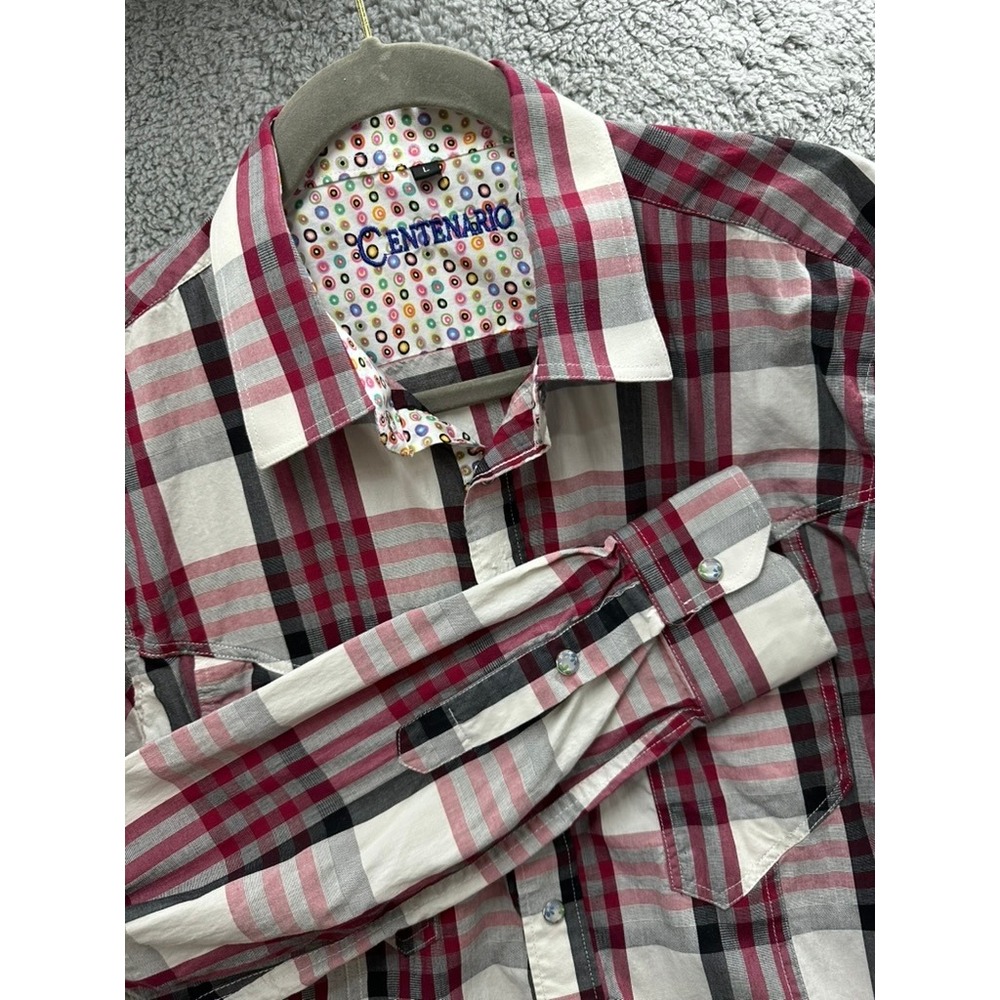 Centenario Men's Large Western Shirt Pearl Snap Red Plaid Floral Buttons Rodeo